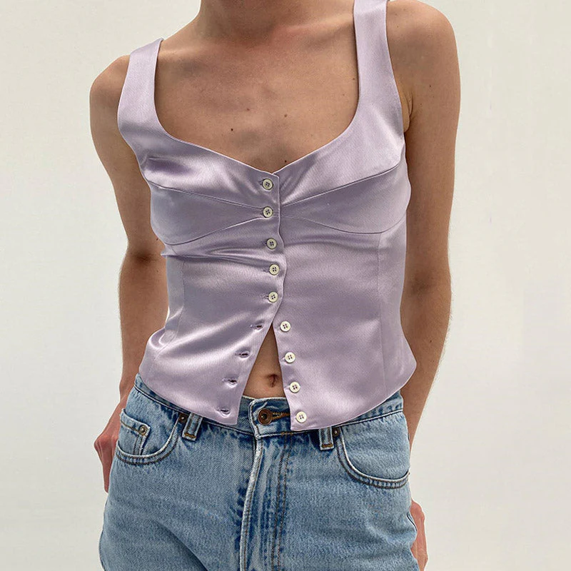 Luxury Satin Square Neck Button Up Sleeveless Tank Top - Purple - Image 2