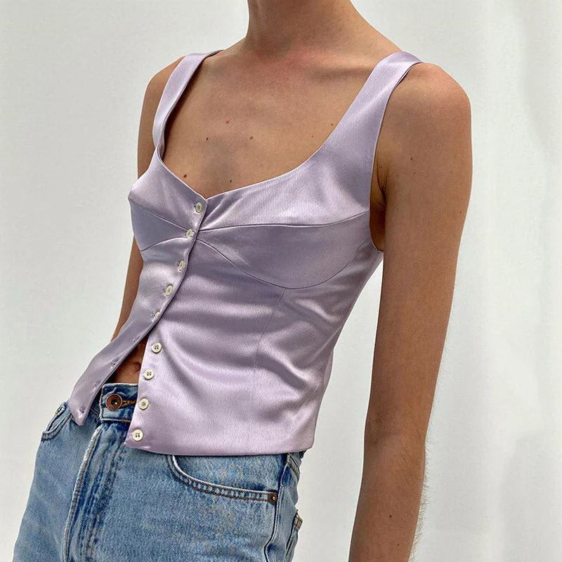 Luxury Satin Square Neck Button Up Sleeveless Tank Top - Purple - Image 3
