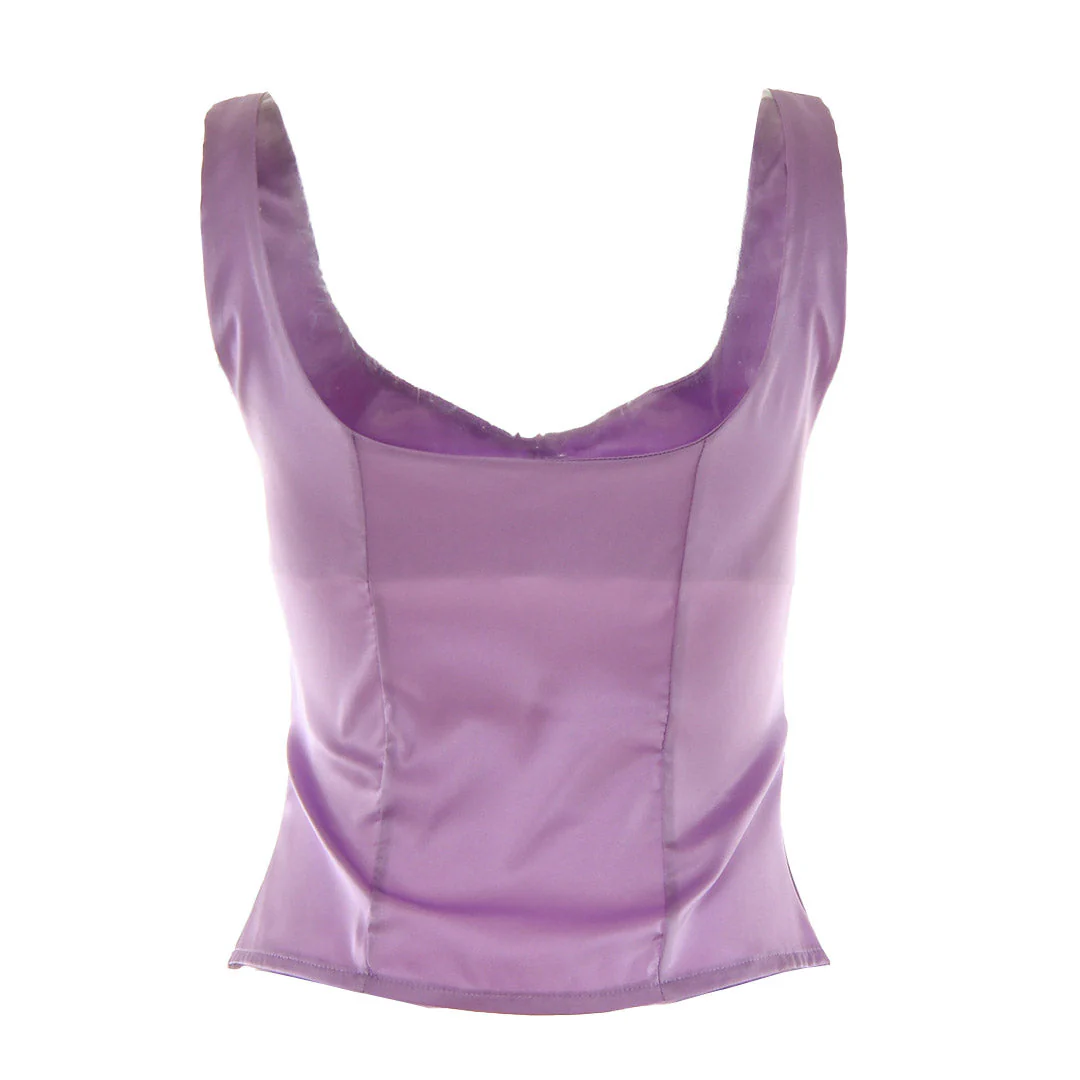 Luxury Satin Square Neck Button Up Sleeveless Tank Top - Purple - Image 4