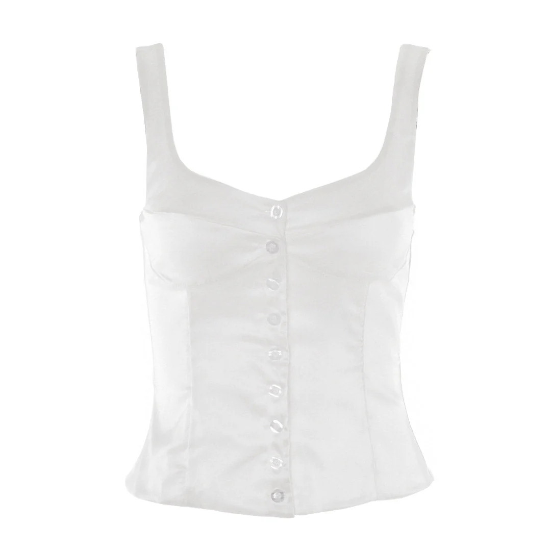 Luxury Satin Square Neck Button Up Sleeveless Tank Top - White - Image 2