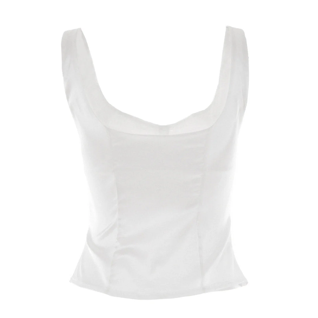Luxury Satin Square Neck Button Up Sleeveless Tank Top - White - Image 3
