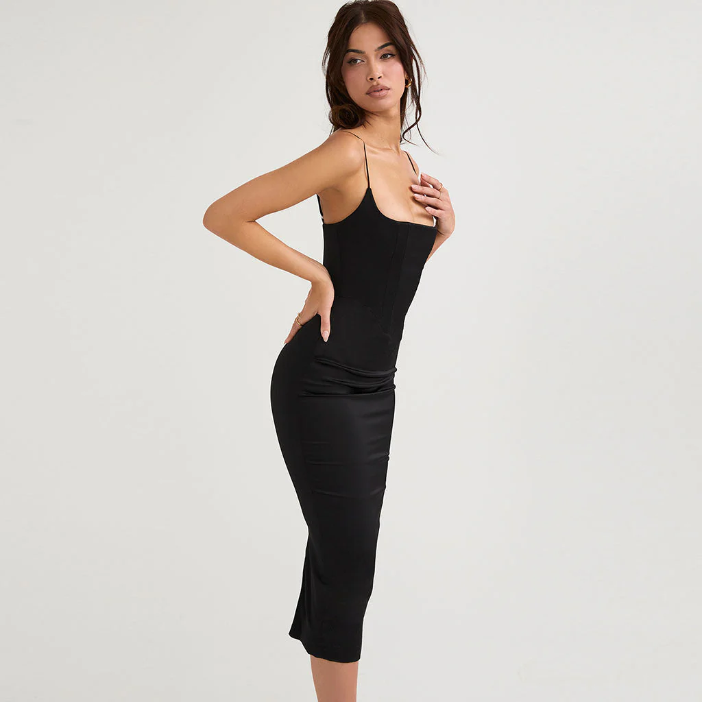 Luxury Square Neck Spaghetti Strap Satin Slip Midi Dress - Black - Image 3