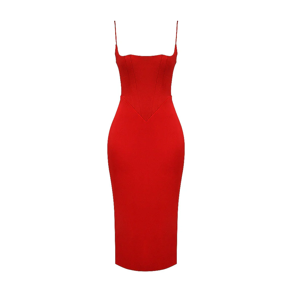 Luxury Square Neck Spaghetti Strap Satin Slip Midi Dress - Red - Image 3