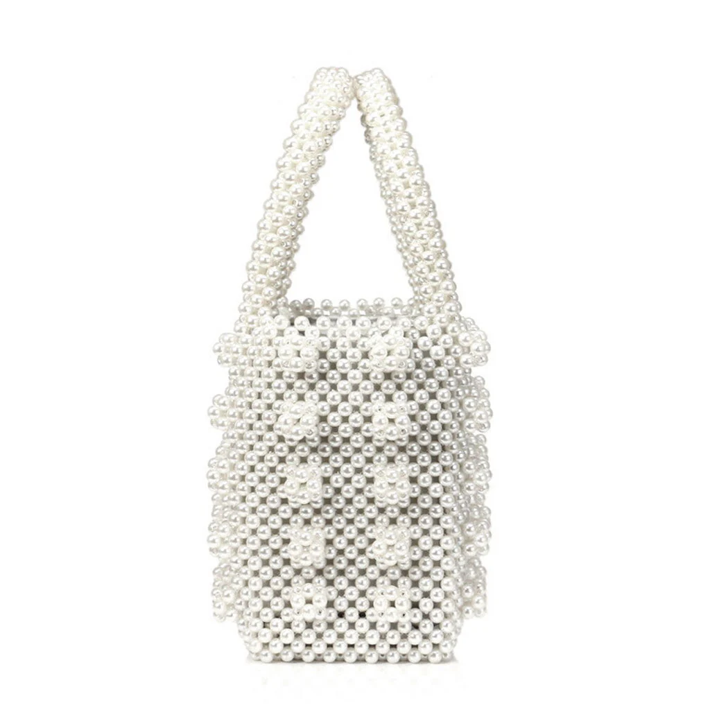Luxury Square Top Handle Cluster Pearl Bucket Clutch Bag - White - Image 3