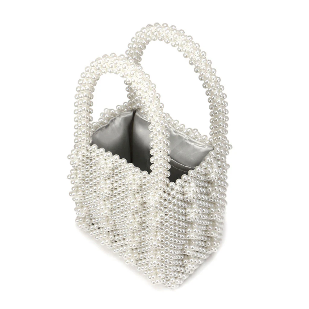 Luxury Square Top Handle Cluster Pearl Bucket Clutch Bag - White - Image 4
