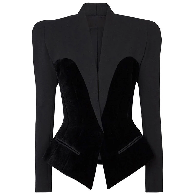 Luxury Stand Collar Shoulder Pad Puff Sleeve Velvet Panel Tailored Jacket - Image 3