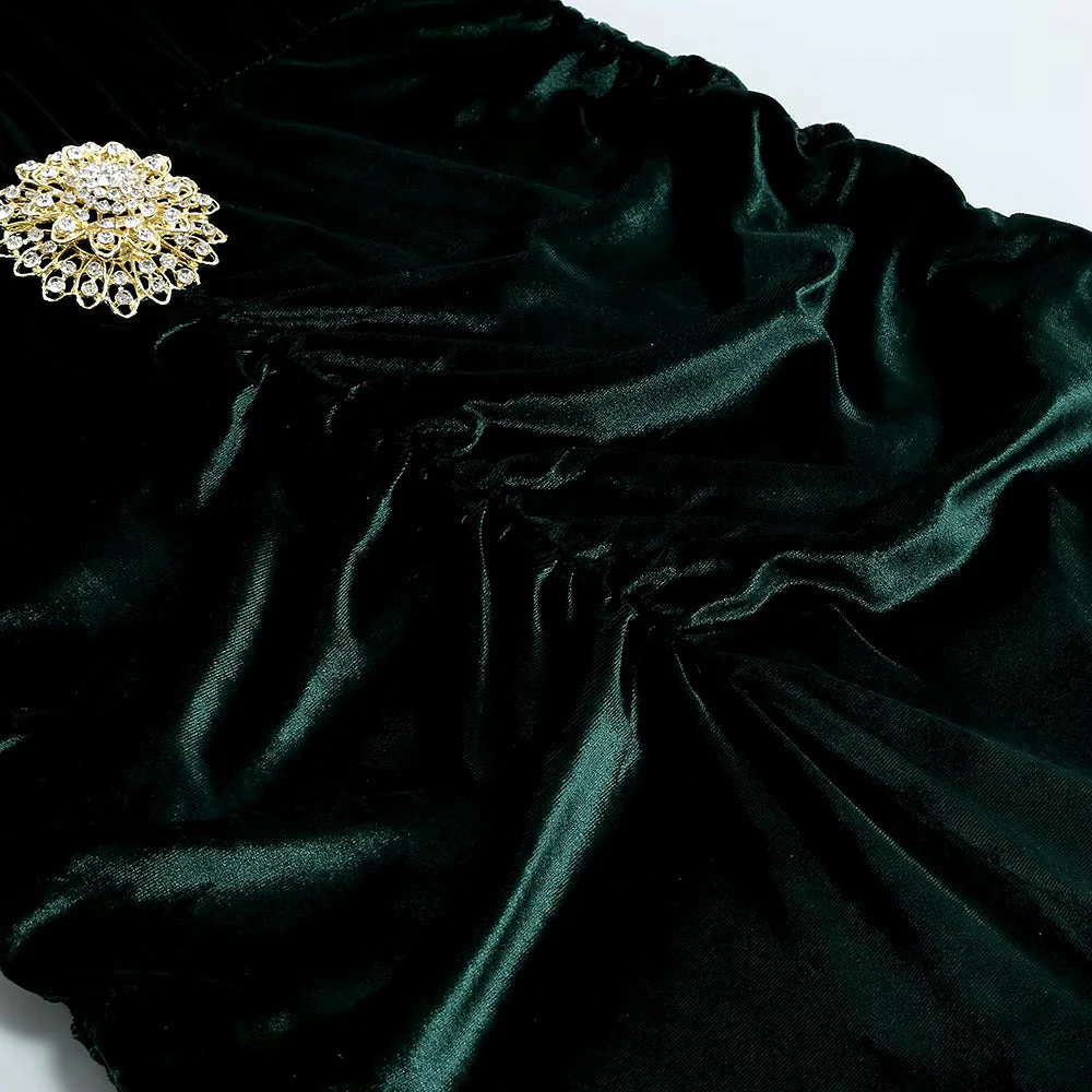 Luxury Velvet Fringe Deep V High Slit Maxi Evening Dress - Emerald Green - Image 10