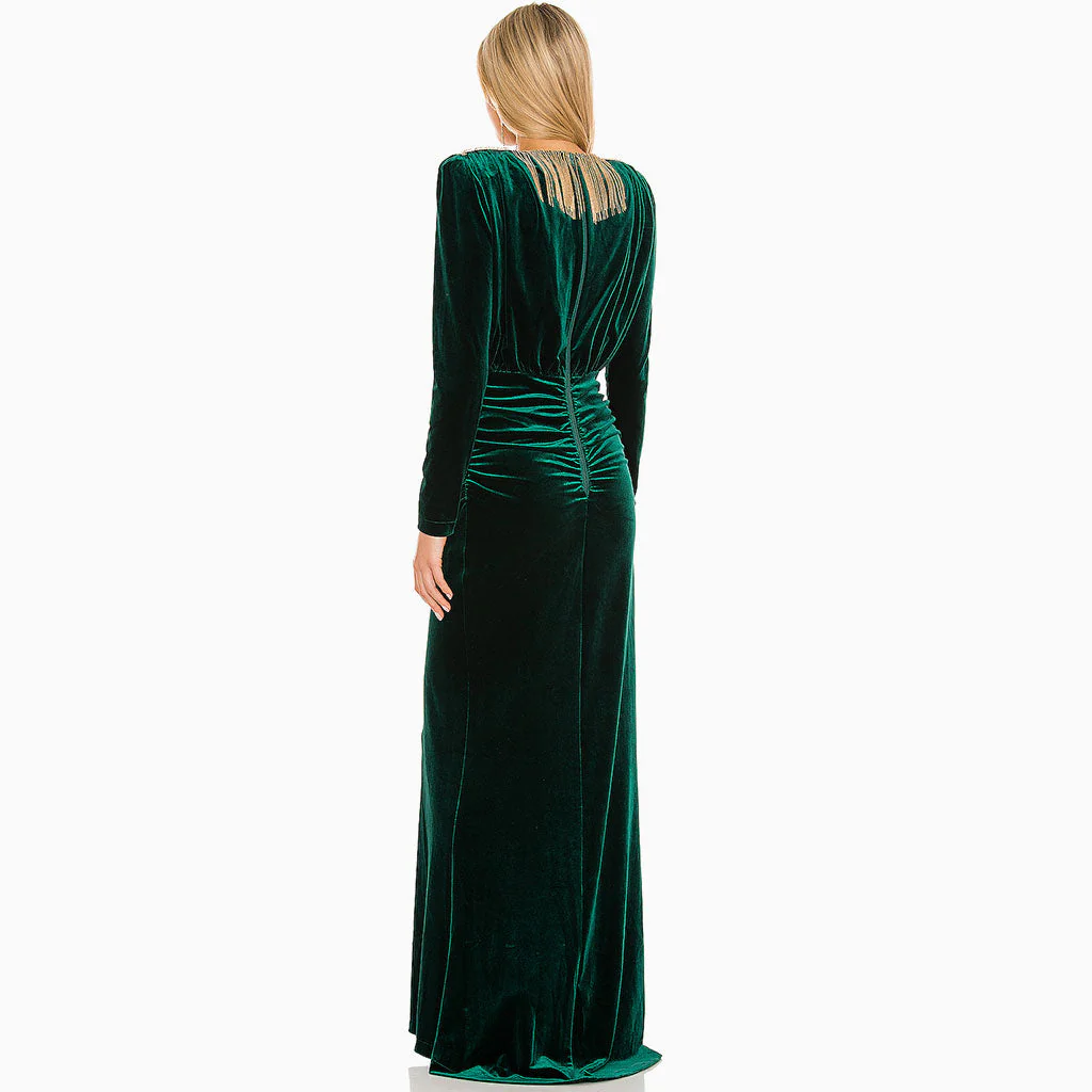 Luxury Velvet Fringe Deep V High Slit Maxi Evening Dress - Emerald Green - Image 3