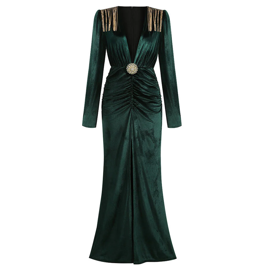 Luxury Velvet Fringe Deep V High Slit Maxi Evening Dress - Emerald Green - Image 4