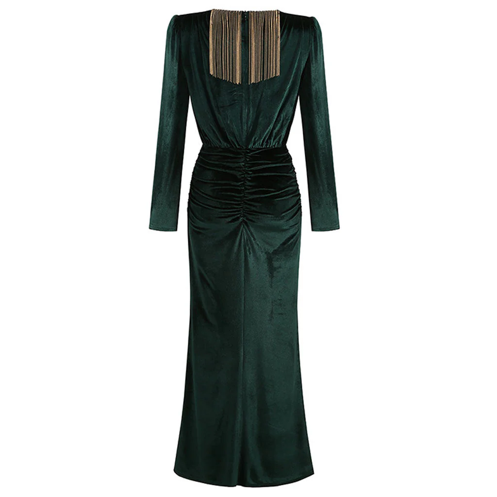 Luxury Velvet Fringe Deep V High Slit Maxi Evening Dress - Emerald Green - Image 5