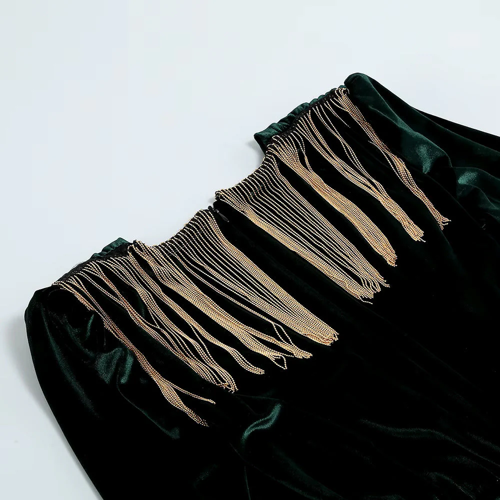 Luxury Velvet Fringe Deep V High Slit Maxi Evening Dress - Emerald Green - Image 6