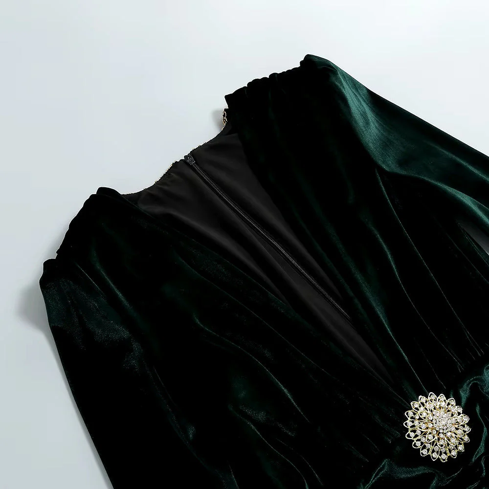 Luxury Velvet Fringe Deep V High Slit Maxi Evening Dress - Emerald Green - Image 8