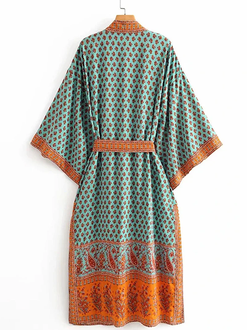 Nightwear Bohemian Print with Eye Catching Contrast Green Color Cotton Long Length Gown Kimono Duster Robe - Image 2