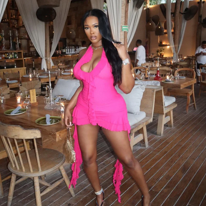 Magenta Ruffle Mini Dress - Image 3