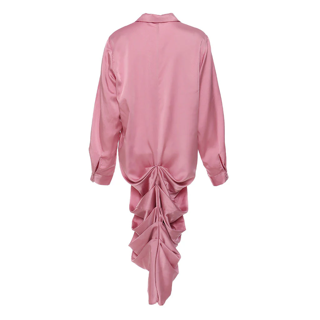 Magnificent Collar Half Button Long Sleeve Ruched Draped Midi Cocktail Dress - Image 2