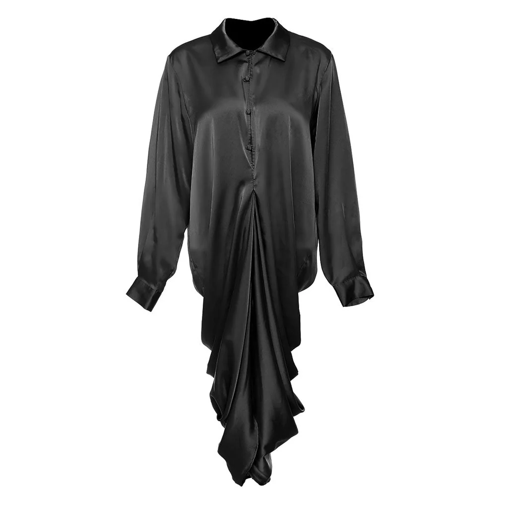 Magnificent Collar Half Button Long Sleeve Ruched Draped Midi Cocktail Dress - Image 3