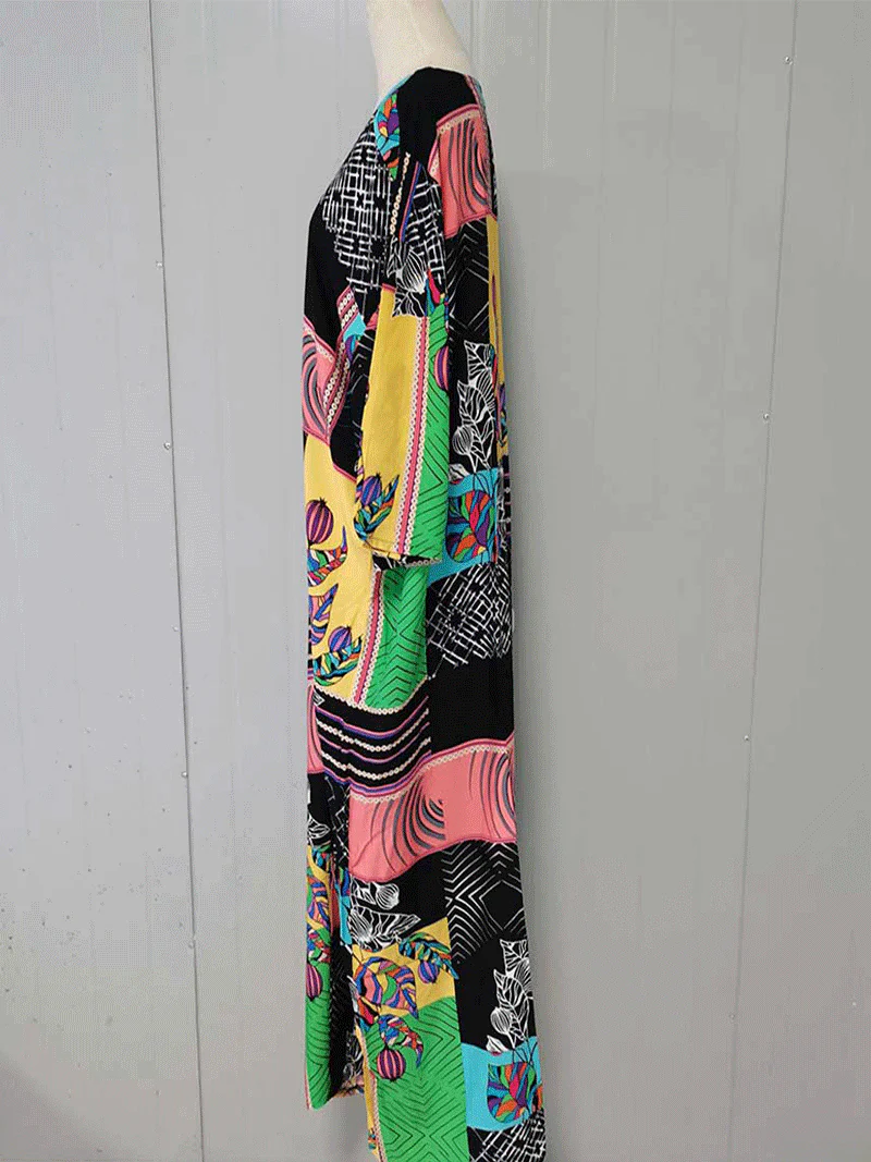 Printed Black Color Polyester Long Length Gown Kimono Duster Robe - Image 3