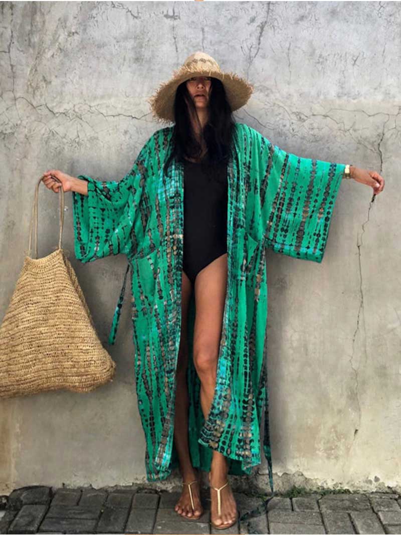 Tie-Dye Print Different Color Rayon Long Length Gown Kimono Duster Robe - Image 10