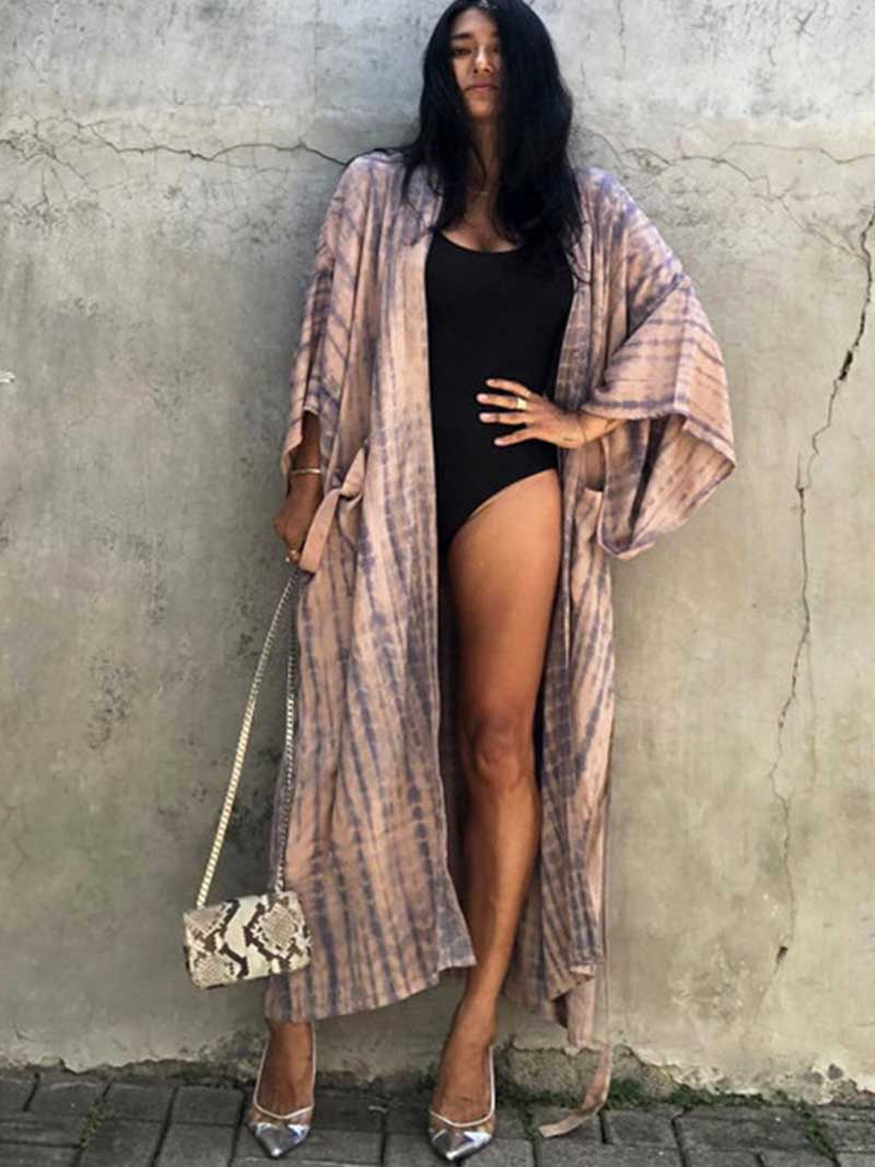 Tie-Dye Print Different Color Rayon Long Length Gown Kimono Duster Robe - Image 11