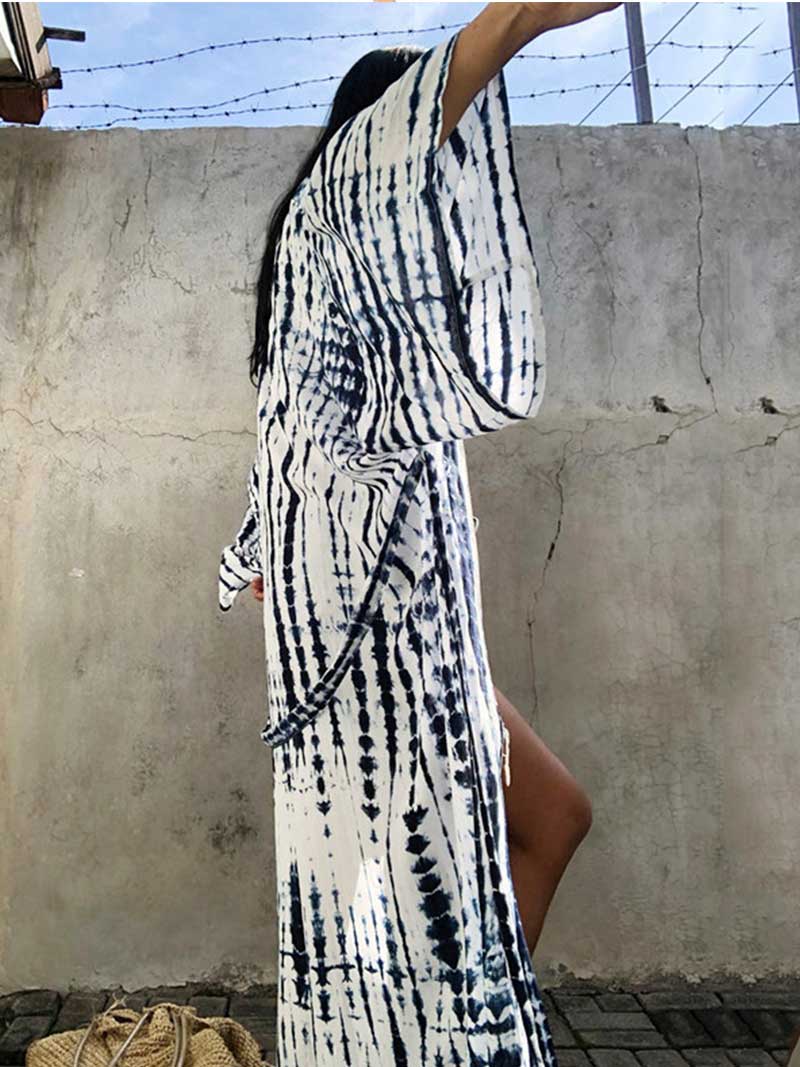 Tie-Dye Print Different Color Rayon Long Length Gown Kimono Duster Robe - Image 16
