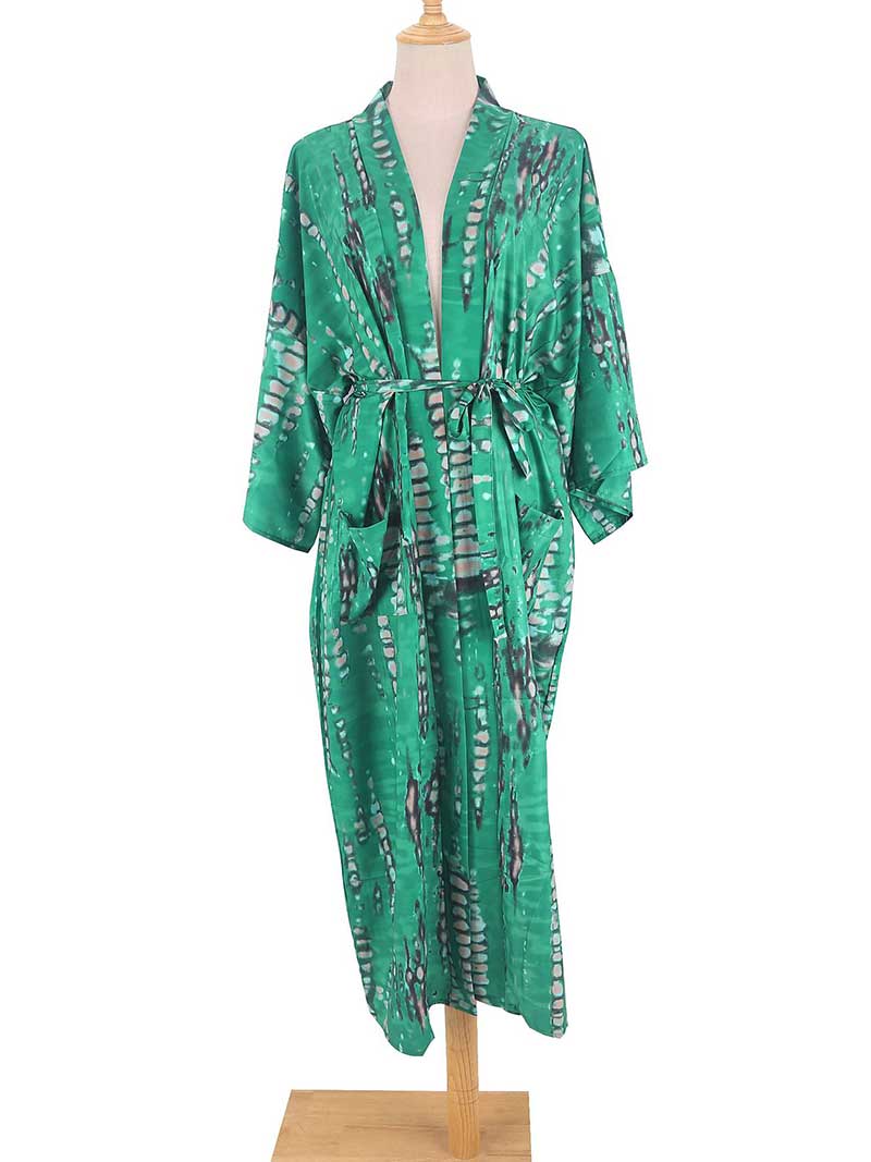 Tie-Dye Print Different Color Rayon Long Length Gown Kimono Duster Robe - Image 2