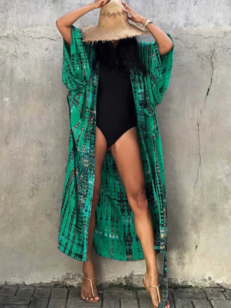 Tie-Dye Print Different Color Rayon Long Length Gown Kimono Duster Robe - Image 20