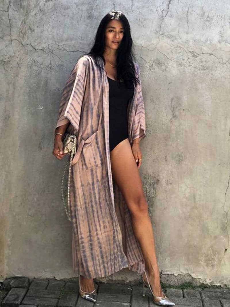 Tie-Dye Print Different Color Rayon Long Length Gown Kimono Duster Robe - Image 21