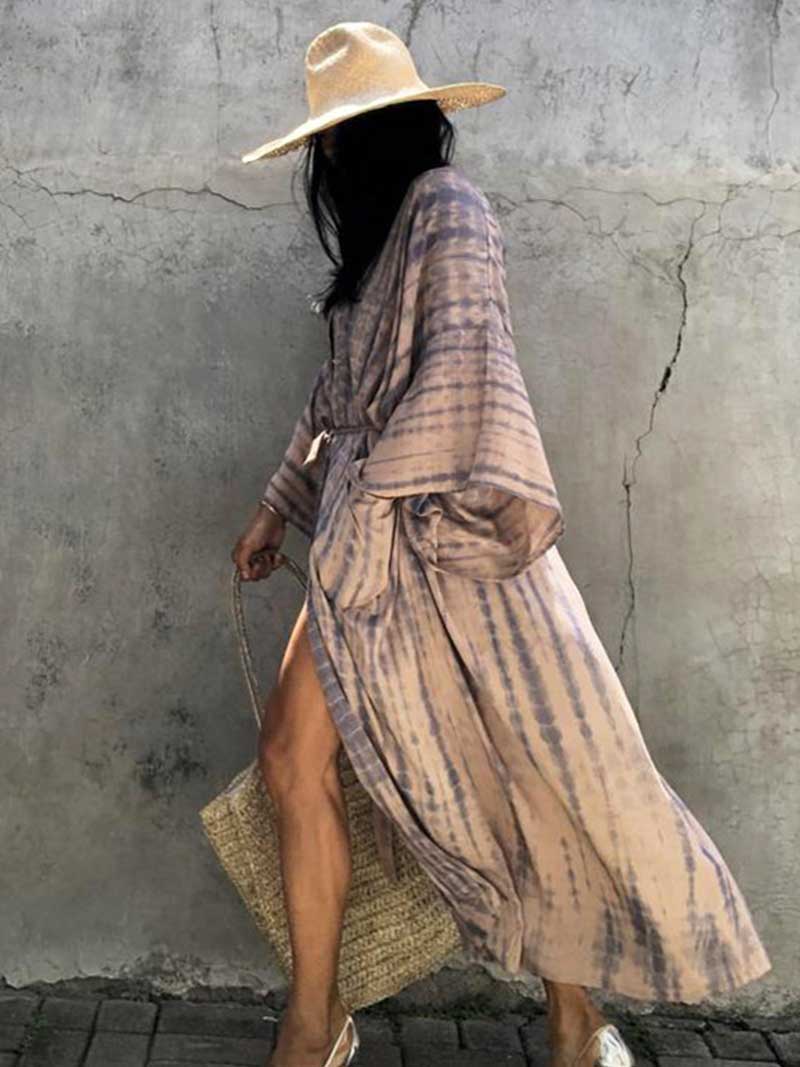 Tie-Dye Print Different Color Rayon Long Length Gown Kimono Duster Robe - Image 23
