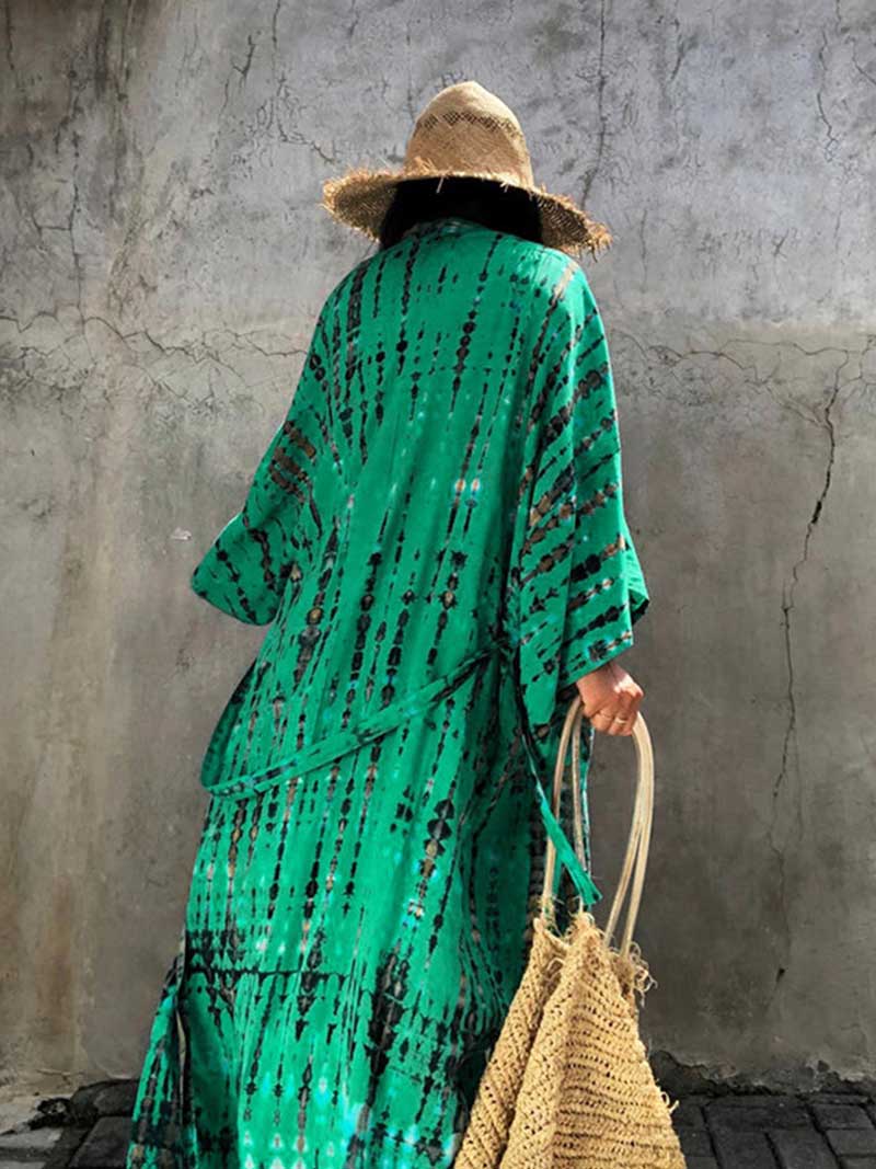 Tie-Dye Print Different Color Rayon Long Length Gown Kimono Duster Robe - Image 24