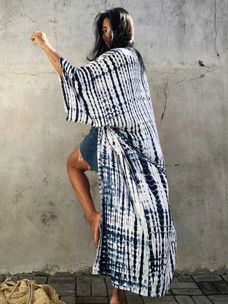 Tie-Dye Print Different Color Rayon Long Length Gown Kimono Duster Robe - Image 8