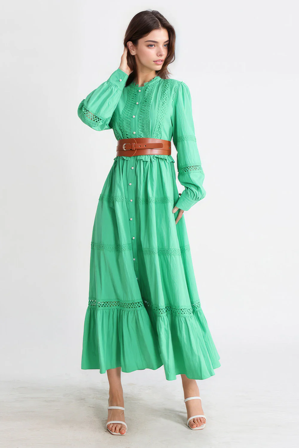 Maxi Dress with Ruffles - Green - Image 3