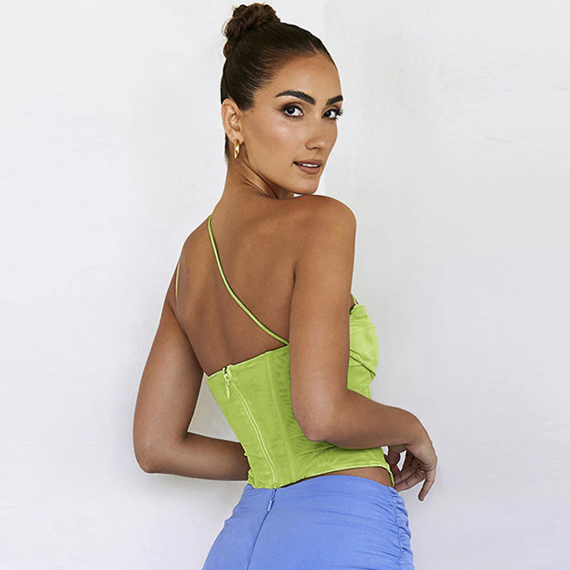 Mesh Fold Cowl Neck One Shoulder Bustier Corset Crop Tank Top - Grass Green - Image 3