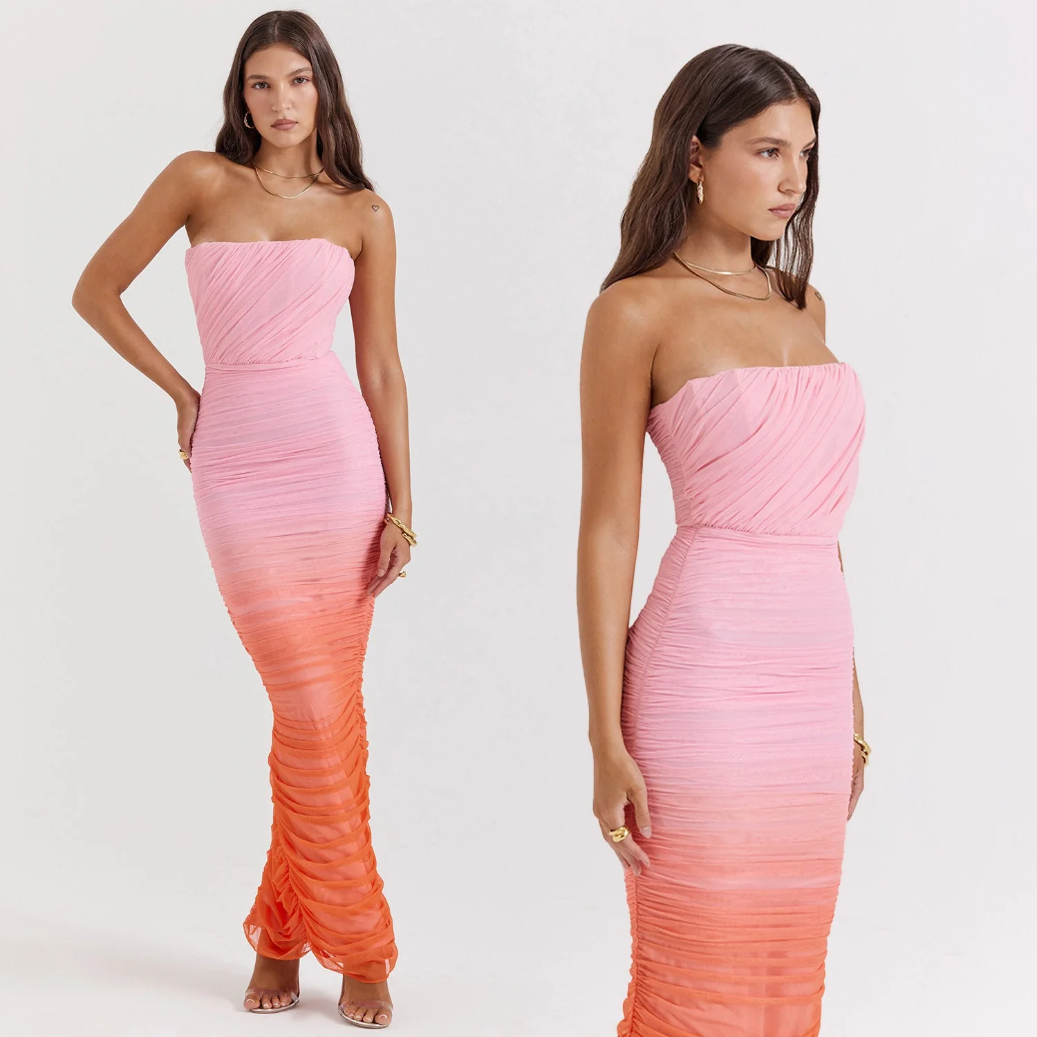 ASHY GRADIENT PINK ORANGE BODYCON MAXI Dress - Image 2