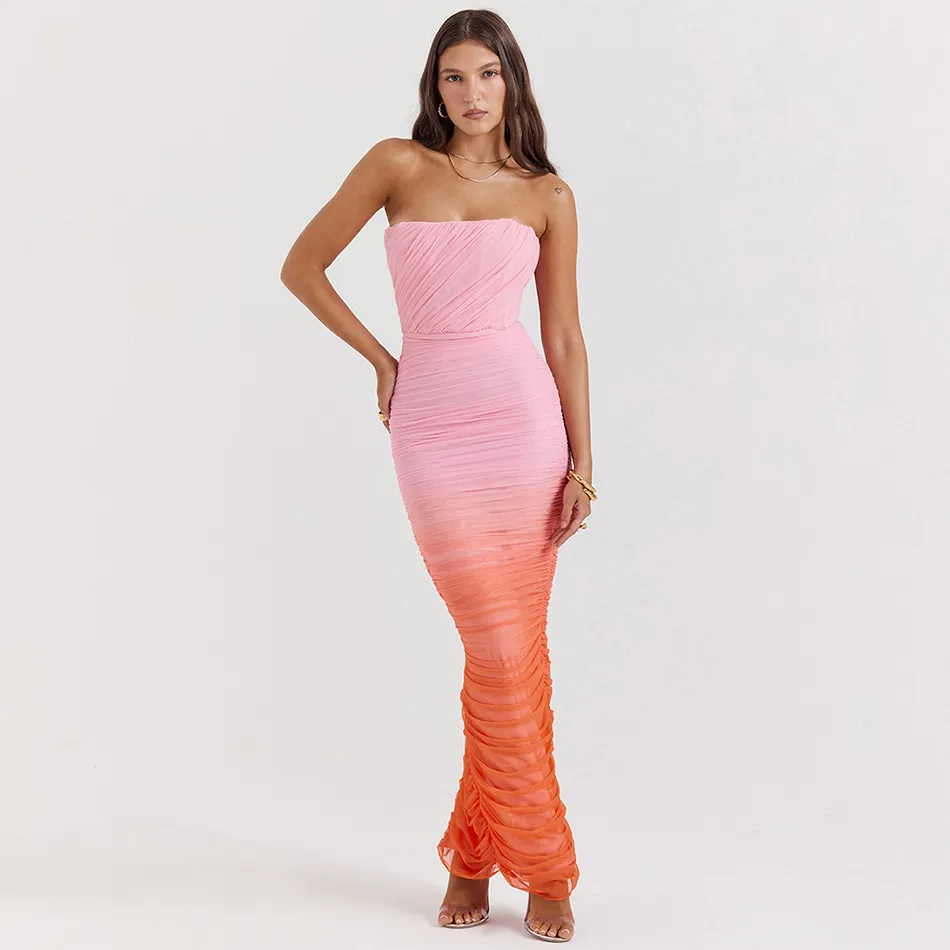 ASHY GRADIENT PINK ORANGE BODYCON MAXI Dress - Image 3