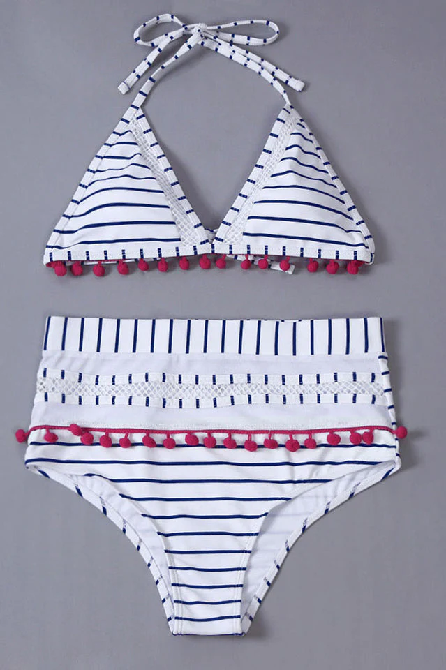 Mesh Hollow Out Stripe Tassel Bikini Set - Image 22