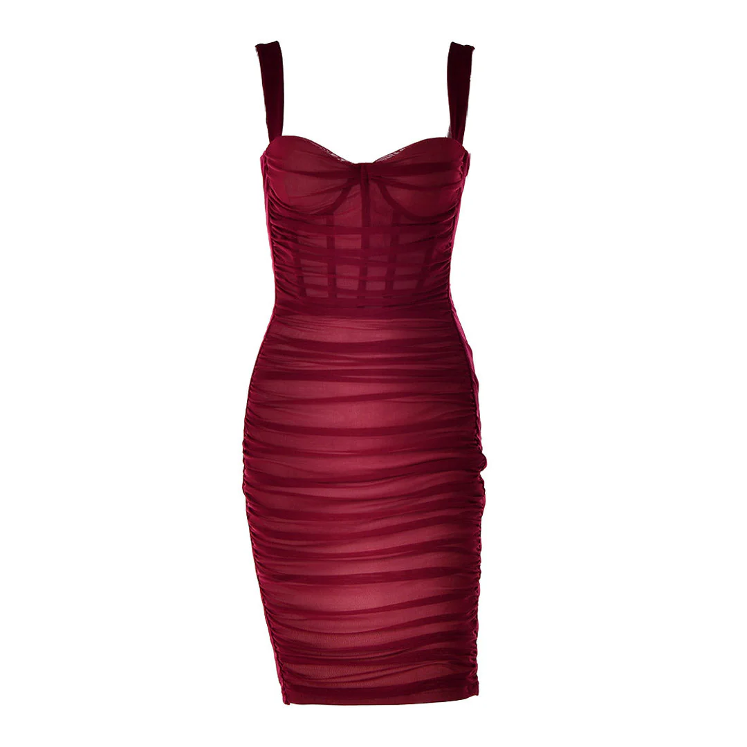 Mesh Panel Velvet Ruched Sweetheart Corset Cocktail Mini Dress - Fuchsia - Image 2