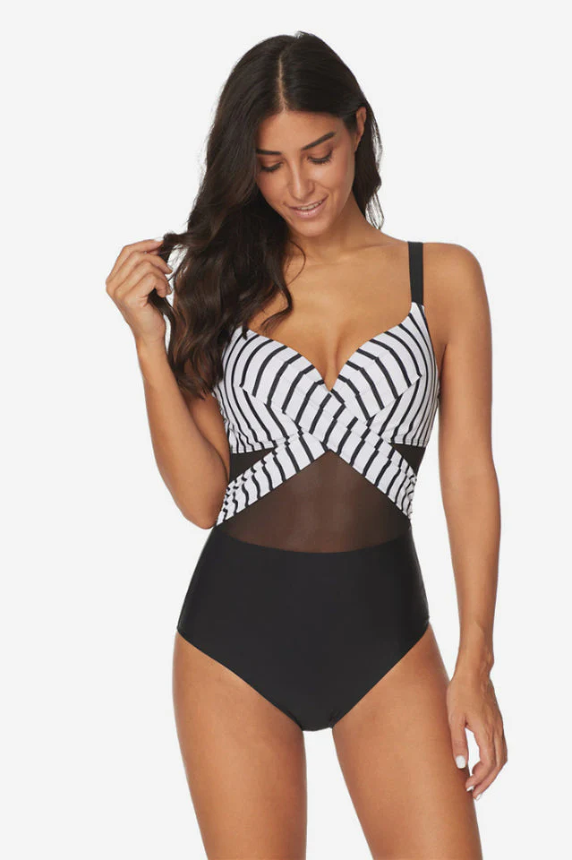 Mesh Striped One Piece Swimwear - Image 3