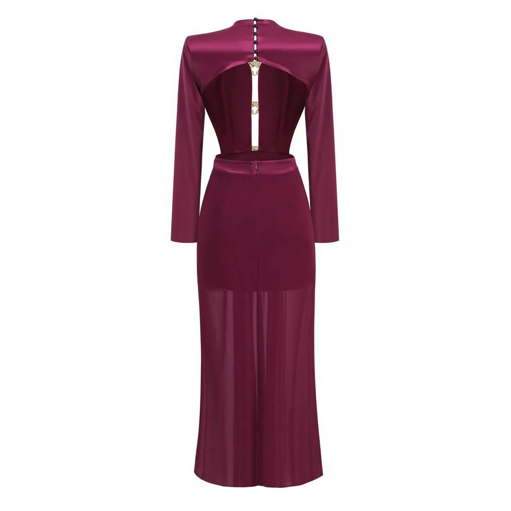 Metal Bird Detail Plunge Neck Long Sleeve CutOut Back Draped Split Maxi Evening Dress - Image 2