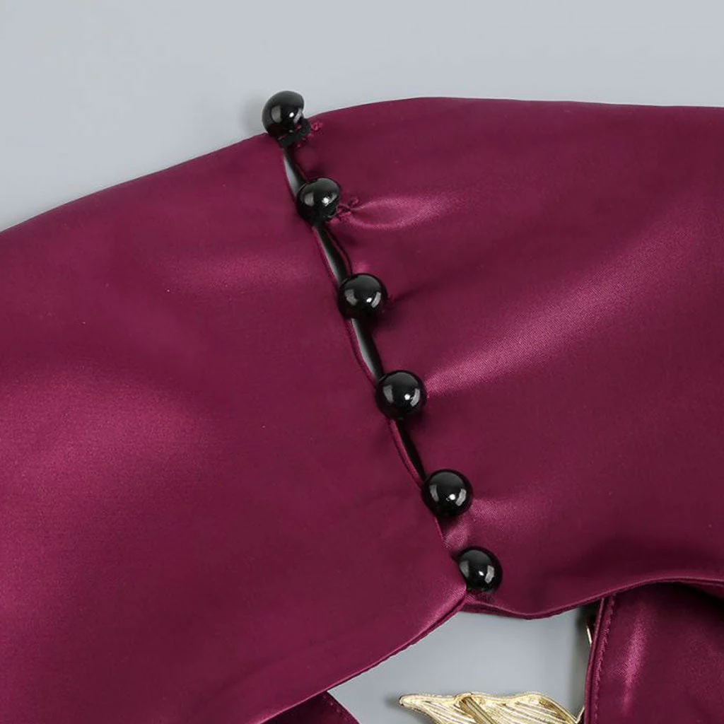 Metal Bird Detail Plunge Neck Long Sleeve CutOut Back Draped Split Maxi Evening Dress - Image 4