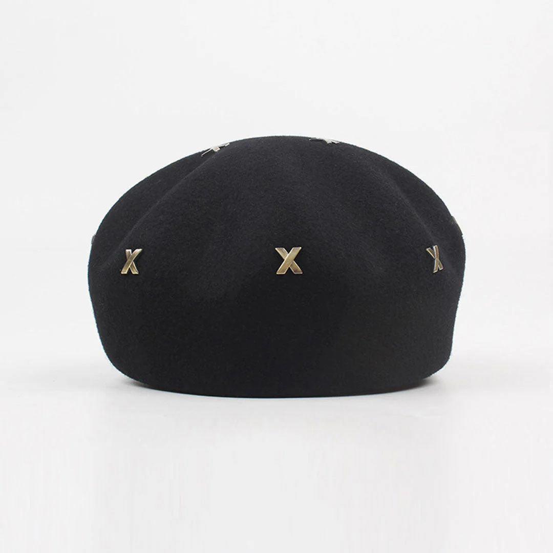 Classic Metal Cross Stud Embellishment Newsboy Hat - Black - Image 3
