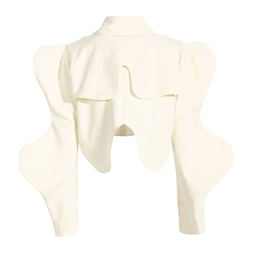 Metal Detail Puff Wavy Sleeve Collared Button Down Crop Vest Matching Set - Image 2
