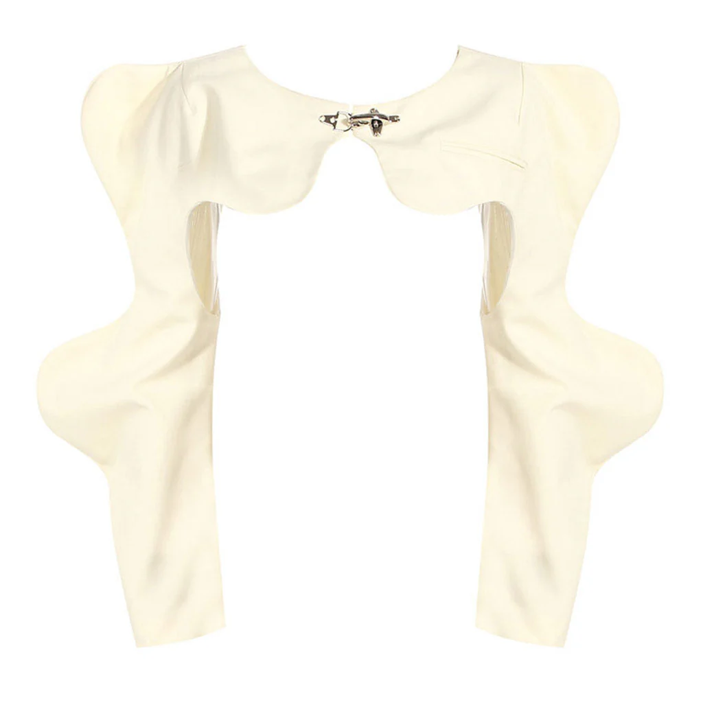 Metal Detail Puff Wavy Sleeve Collared Button Down Crop Vest Matching Set - Image 4