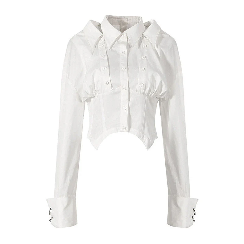 Metal Ring Removable Long Sleeve Collared Button Down Corset Shirt - Image 2