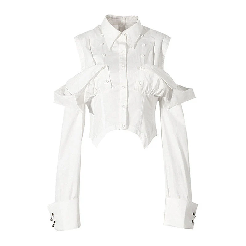 Metal Ring Removable Long Sleeve Collared Button Down Corset Shirt - Image 4