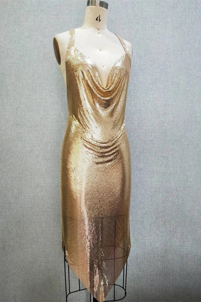Metallic Backless Asymmetrical Midi Dress - Image 24