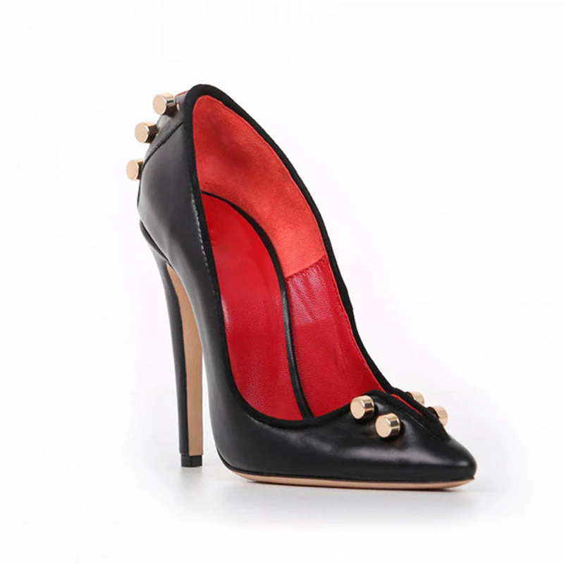 Metallic Bar Detail Faux Leather Pointed Toe High Heel Pumps - Black - Image 5