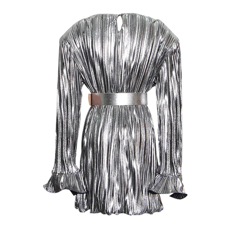 Metallic Belted Shoulder Pad Round Neck Long Sleeve Pleated Mini Dress - Image 2