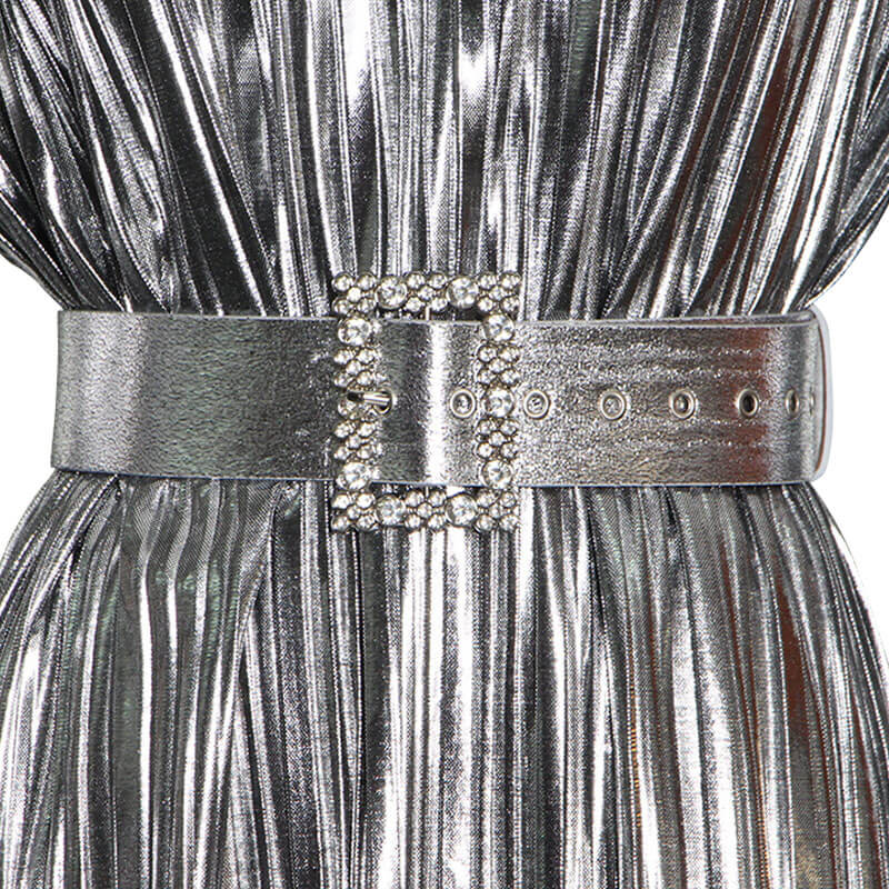 Metallic Belted Shoulder Pad Round Neck Long Sleeve Pleated Mini Dress - Image 3