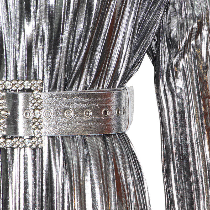 Metallic Belted Shoulder Pad Round Neck Long Sleeve Pleated Mini Dress - Image 4