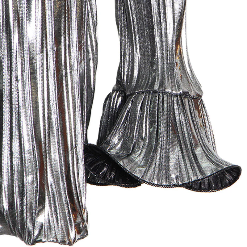 Metallic Belted Shoulder Pad Round Neck Long Sleeve Pleated Mini Dress - Image 5